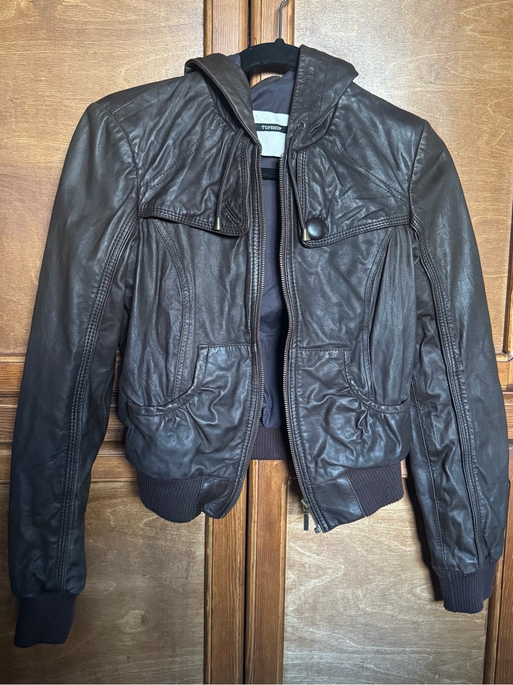 Topshop Brown Leather Hooded Bomber Jacket